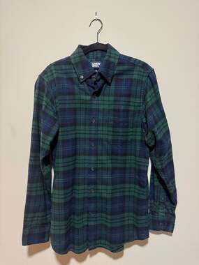 Lands’ End Men’s Small Green Navy Plaid Flannel Shirt Traditional Fit